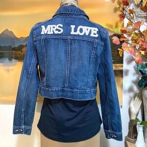Caché Denim Jacket Bridal Aesthetic Pearl Women Mrs Love Pearl Patch 10 Blue
